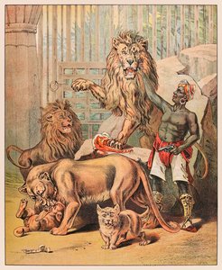 Esiintyvät leijonat ohjaajansa kanssa Barnum & Bailey Circusissa vuonna 1888 julkaistusta P.T. Barnum