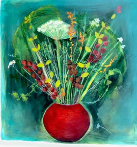 Kastanjanruskea maljakko, 2022 (öljy kankaalle) tekijältä Sarah Thompson-Engels