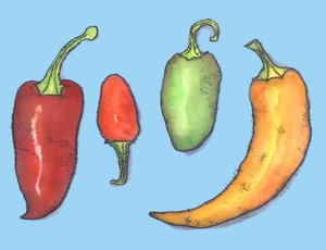 Chilipaprikat, 2013, (monoprintti) tekijältä Sarah Thompson-Engels