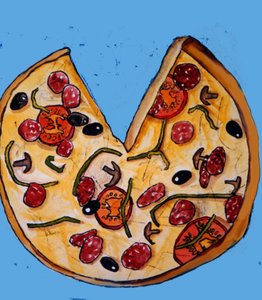 Pizza, 2017,(monoprintti musteilla) tekijältä Sarah Thompson-Engels