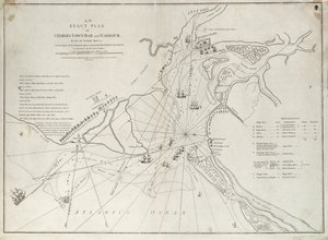 Charles Townin baarin ja sataman tarkka suunnitelma, joka on peräisin Sir Peter Parkerin komentaman Hänen Majesteettinsa laivueen hyökkäyksestä Sullivanin linnakkeeseen 28. kesäkuuta 1776.