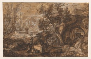 Maisema paimenen kanssa antiikkisarkofagin luona tekijältä Sébastien Bourdon (attributed to)