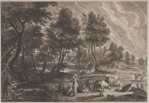 Maatilamaisema metsästäjien ja maitoneitojen kanssa tekijältä Schelte Adams Bolswert, after Sir Peter Paul Rubens