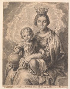 Maria lapsen ja maapallon kanssa Maria mater dei, regina caeli (otsikko esineessä)