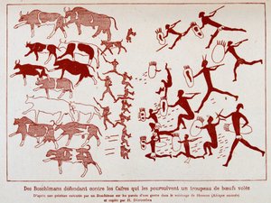 Boschimaanit puolustavat härkäkärpäslaumaa kassaan, kun boschiman teki maalauksen luolan seinille Hermonin (Etelä-Afrikka) läheisyydessä.