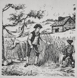 Perhe korjuu maissia (litho) tekijältä School American
