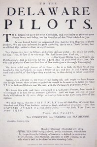 Filadelphia-patrioottien Delawaren lentäjille antaman julistuksen telefaksi, joka varoittaa heitä olemasta tekemisissä brittiläisen teelaivan kanssa, 7. joulukuuta 1773 (litho) tekijältä School American