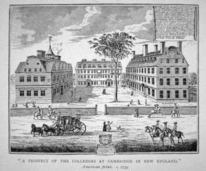 Harvard College, Cambridge, Massachusetts noin 1739 (litografia). tekijältä School American