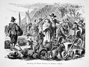 Hollantilaisten siirtolaisten laskeutuminen Staten Islandille, New Yorkiin (litho) tekijältä School American