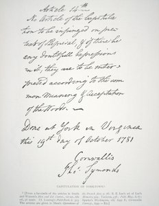 Lord Cornwallisin allekirjoittama Yorktownin antautumiskirje tekijältä School American