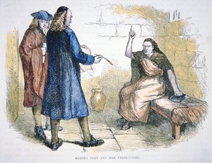 Martha Coreyta syytetään noituudesta Salemin noitaoikeudenkäynnissä vuonna 1692 (värilitho)