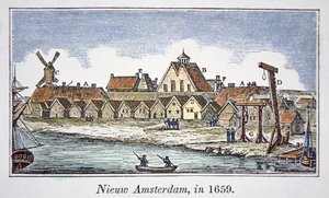 New Amsterdam (myöhemmin New York) Manhattan Islandilla, vuonna 1659 julkaistusta kuvasta (väri litho)