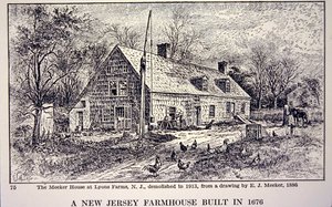 New Jerseyn maalaistalo, rakennettu vuonna 1676, E. J. Meekerin (litho) vuonna 1886 tekemän piirustuksen jälkeen tekijältä School American