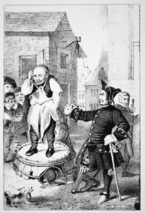 Peter Stuyvesant nuhtelee Willem Wickendamia baptistisaarnan saarnasta (litho) tekijältä School American