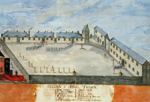 Millin vankilan suunnitelma, 1700-luvun loppu tai 1800-luvun alku (akvarelli ja tussi paperille). tekijältä School American