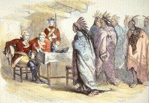Pontiac vierailee majuri Gladwinin luona Fort Detroitissa vuonna 1763 (väri litho)