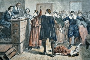 Salemin noidat – oikeudenkäynnissä vuonna 1692 lumoutunut tyttö (väri litho)