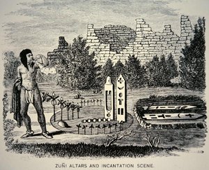 Zuni-heimomies puhaltaa siitepölyä Pueblo-pyhäkön yllä (kaiverrus). tekijältä School American