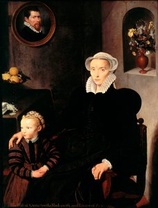 Antwerpenin Quenstonin sepän ja taidemaalarin vaimon muotokuva lapsensa kanssa Äiti pukeutunut mustaan, käyttää kaulusta ja päähineä. Antwerpenin koulun maalaus. 1576 Koko 136x108 cm Pariisi, Musee du Louvre tekijältä School Antwerp