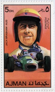 Arabiemiirikuntien leima, joka edustaa australialaista autoilija Jack Brabhamia (s. 1926)