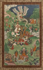 Hiustenleikkaus ja muut kohtaukset. Thangka jatko-osasta, joka on omistettu Buddhan elämän tärkeimmille jaksoille. tekijältä School Asian