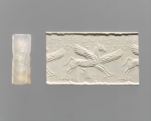 Sylinteritiiviste ja moderni vaikutelma: siivekäs hevonen kynsineen ja sarvineen, n. 1300–1300 eKr. (kalsedoni)