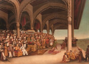 Nimetön (The Disrobing of Draupadi), c. 1800-luvun loppu (öljy kankaalle) tekijältä School Bengali