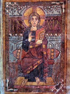 Karolingien taide: Kristus majesteettisuudessa (kirkkaudessa). Miniatyyri käsikirjoituksesta "Evangeliaire de Godescalc, Ecole du Palais de Charlemagne" (folio 3) Godescalcin kopio Saint-Sernin de Toulousen aarrekammiosta, Bibliotheque du Louvre, 781-783. 