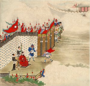 Kiinalainen taide: kiinalainen prinssi vastaanottaa sanansaattajan Pentikka silkillä kiinalaisesta koulusta noin 1820 Dim 24,6 x 23,7 cm Yksityinen kokoelma tekijältä School Chinese