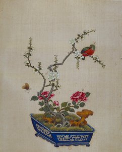 Kiinalainen taide: kukat ja linnut (bonzai). 1700-luvun silkkimaalaus. Paris, B.N. tekijältä School Chinese