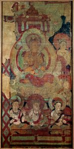Kiinalainen taide: Boddhisatvien (tai Bodhisatvojen) ryhmä. silkkimaalaus. 10. vuosisadan dynastia Touen Houang, Musee des Arts Asians de Guimet, Pariisi. tekijältä School Chinese