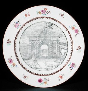 Ruokalautanen koristeltu en grisaille Rose Famille -emileillä, jotka kuvaavat Jacob Bobartia (1599-1680) vuohen ja koiran kanssa, Qianlong-kausi (1736-95) (posliini) tekijältä School Chinese