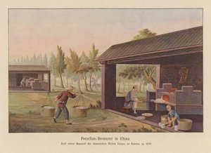 Posliinin valmistus Kiinassa (värilitografia) tekijältä School Chinese