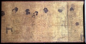 Palace Ladies at Leisure Handscroll, yksityiskohta naisista, jotka valmistautuvat lähtemään ulos, Wen-chu Choun (k.970) alkuperäisen käsikirjoituksen mukaan, Etelä-Sungin kausi, noin 1140 (muste ja pigmentti silkille) (katso myös 114250). tekijältä School Chinese