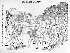 Boxer Rebellion: eurooppalaiset taistelevat nyrkkeilijöitä vastaan. Kuva julkaistu Shanghai Journalissa Toung-Ouen-Hou-Pao.1899 noin.