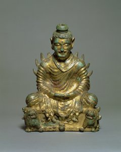 Istuva Buddha palavilla hartioilla, Kiinan kuuden dynastian kausi, Pohjois-Wei-dynastia, 3.-5. vuosisadat (kullattu pronssi) tekijältä School Chinese