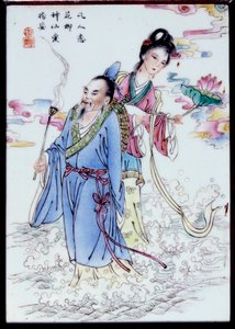 Summer Allegory Nainen pitelee liljakukkaa ja mies, jolla on suitsukerengas kävelemässä suihkeen läpi. Maalaus anonyymille posliinille. 1700-luvun yksityinen kokoelma tekijältä School Chinese