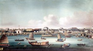 Kantonin satama (Kiina) noin 1800-luvun puolivälissä. Nimetön kiinalainen maalaus.