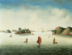 Näkymä Kantonin alueelta, noin 1850 (öljy kankaalle). tekijältä School Chinese