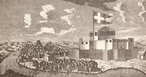 Tanskalainen siirtolaislinnoitus Fredensborg, Ningo, Ghana, sellaisena kuin se oli vuonna 1760, teoksesta "Afrika, dets Opdagelse, Erobring og Kolonisation", julkaistu 1901 Kööpenhaminassa (litografia). tekijältä School Danish