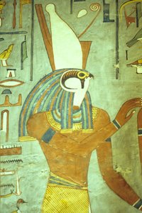 Muinainen Egypti, maalaus, Horus, haukanpääinen jumala, kuninkaiden jumala, Ramses I:n hauta, Theban, Thebanen tekijältä School Egyptian