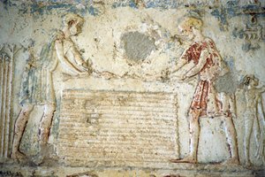 Muinainen Egypti, seinäkaiverrukset/maalaukset, Petosiriksen hauta, Tuna el Gebel, 300 eKr., Pellavan sadonkorjuu (kuva) tekijältä School Egyptian