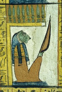 Muinainen Egypti, seinämaalaus, Leijonapäinen alamaailman jumala, Sennedjemin hauta, Thebe, Deir el Medina tekijältä School Egyptian