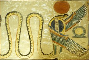 Muinainen Egypti, seinämaalaus, Amon hir Khopshefin hauta, Uraeus ja siivekkäät käärmeet vartioivat hautakammion sisäänkäyntiä, 20. dynastia, Kuningattarien laakso (kuva) tekijältä School Egyptian