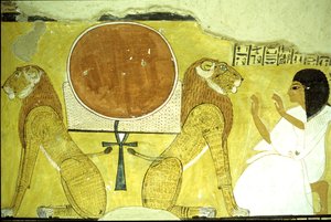 Muinainen Egypti, seinämaalaus Inherkhaun hauta, Thebes, Inherkhau palvomassa kahta leijonaa, tämän päivän ja huomisen vartijoita, 20. dynastia (kuva) tekijältä School Egyptian