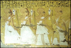 Muinainen Egypti, Seinämaalaus Inherkhaun hauta, Thebes, Aatelisten hauta, 20. dynastia, Papit vuodattavat juomaruoan Inherkhaun puolesta (kuva) tekijältä School Egyptian