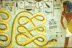 Muinainen Egypti, seinämaalaus, Ramses I:n hauta, Kuninkaiden laakso, Ramses I tappaa alamaailman käärmeen jumalan.