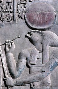 Muinainen Egypti, seinämaalaus/kaiverrus, Horus kirjoittaa papyruskäärölle, Sebekin ja Horuksen temppeli, Kom Ombo (kuva) tekijältä School Egyptian