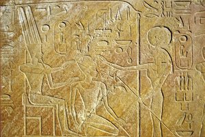 Muinainen Egypti, seinämaalaus/kaiverrus, Sakhmet osoitteet Amon Ra ja Hatsepsut, Karnakin temppeli, Luxorissa tekijältä School Egyptian
