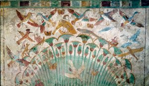 Muinainen Egypti: eläimet papyrusnastassa, kalkkikiven fragmentti Neferhotepin haudasta, noin 1400 eKr. 18. dynastia, mitat 43x74 cm Pariisi, Louvre-museo - Egyptin antiikin: eläimet papyrustiikoissa, kalkkikivipala Neferhotepin haudasta tekijältä School Egyptian